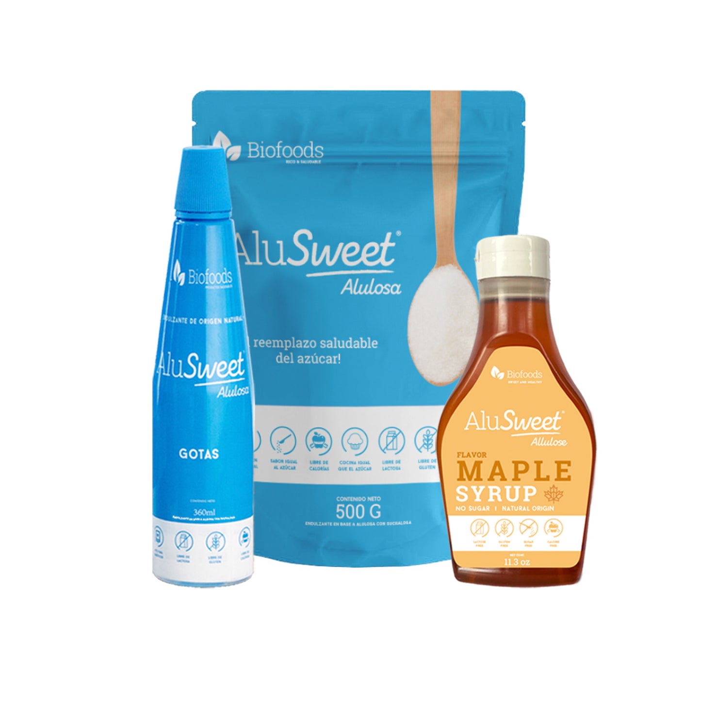Descubre AluSweet: Alulosa 500g + Gotas Alulosa 360ml y + Syrup Maple 320g