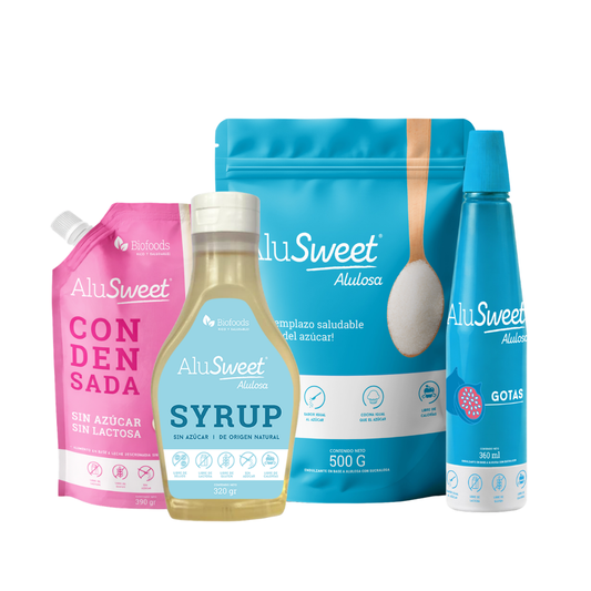 Pack AluSweet: Condensada 390 gr + AluSweet Alulosa 500 gr + Syrup Original 320 grs + Gota Alulosa 360 ml