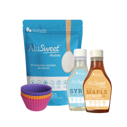 Súper Pack con Moldes para Cupcakes: 1 AluSweet Alulosa 500 grs + 1 Syrup Original+1 Syrup Maple + 6 vasitos silicona